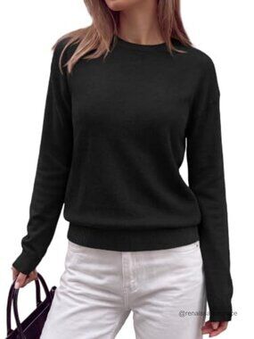 Lightweight Ribbed Knit Crew Neck Pullover Sweater Loose Long Sleeve Top